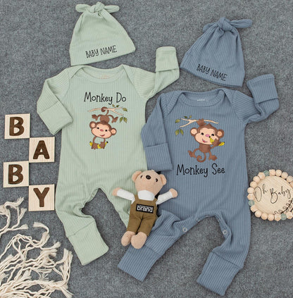 Monkey See Monkey Do Twin Bodysuit Set Cute Jungle Theme Matching Newborn Outfit Perfect Baby Shower Gift