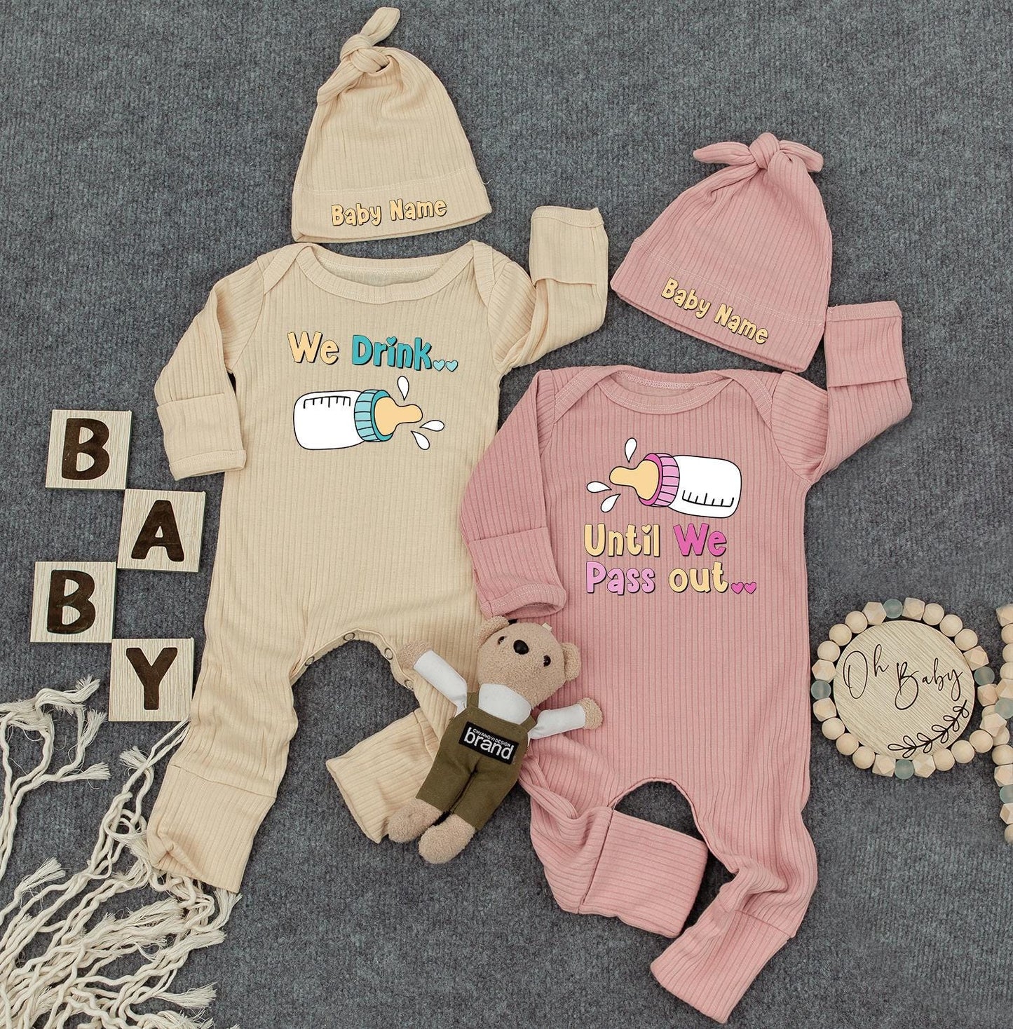 Funny Twin Baby Outfits, "We Drink Until We Pass Out" Cute Twins Outfits, Unisex Twin Sets