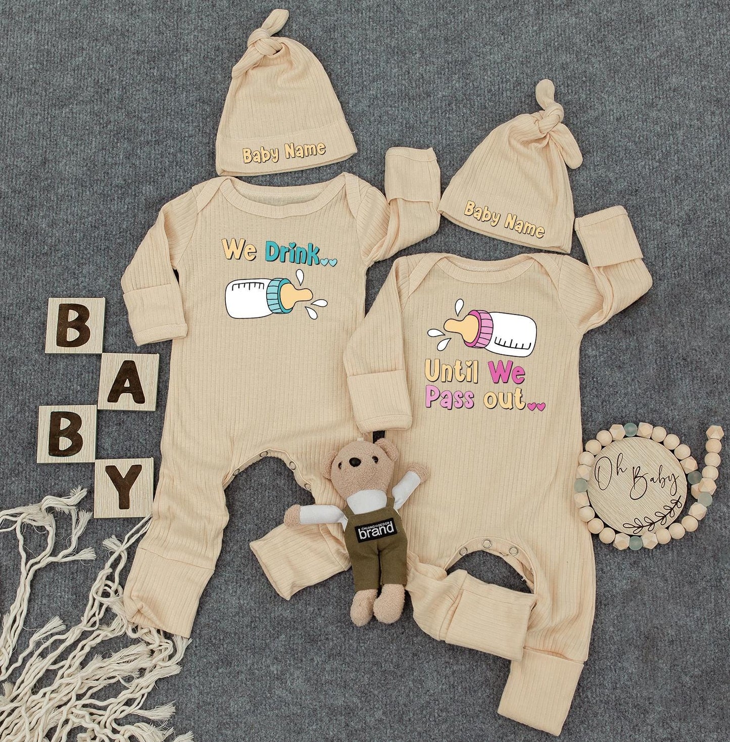 Funny Twin Baby Outfits, "We Drink Until We Pass Out" Cute Twins Outfits, Unisex Twin Sets