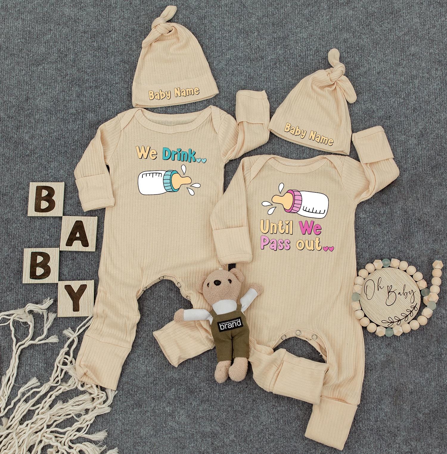 Funny Twin Baby Outfits, "We Drink Until We Pass Out" Cute Twins Outfits, Unisex Twin Sets