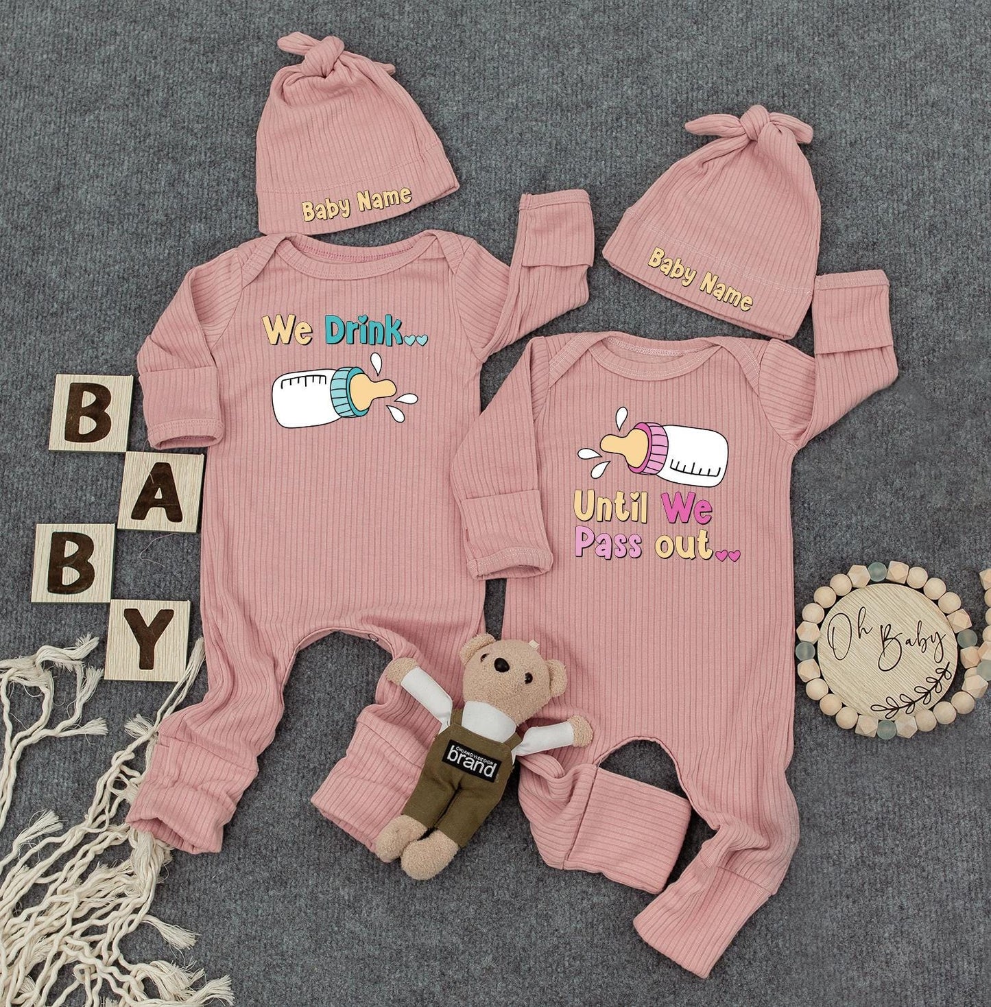 Funny Twin Baby Outfits, "We Drink Until We Pass Out" Cute Twins Outfits, Unisex Twin Sets