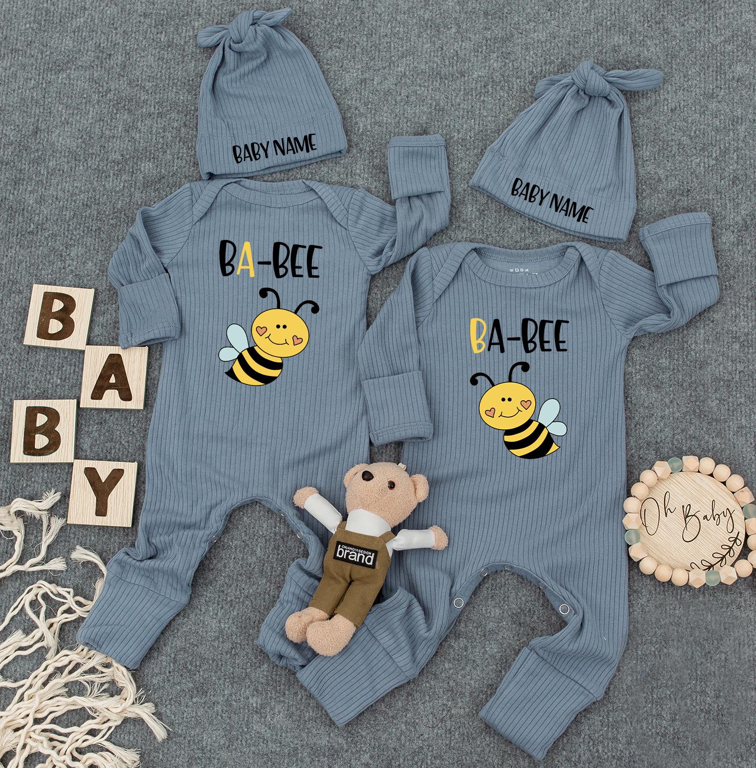 Unisex Twin Outfits, BA-BEE Twin Baby Bodysuit Set with Hats, Newborn Twins Outfits