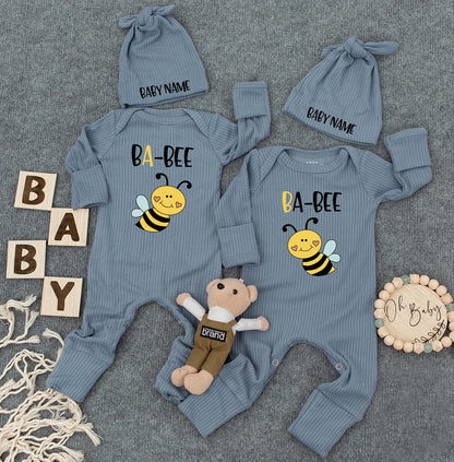 Unisex Twin Outfits, BA-BEE Twin Baby Bodysuit Set with Hats, Newborn Twins Outfits