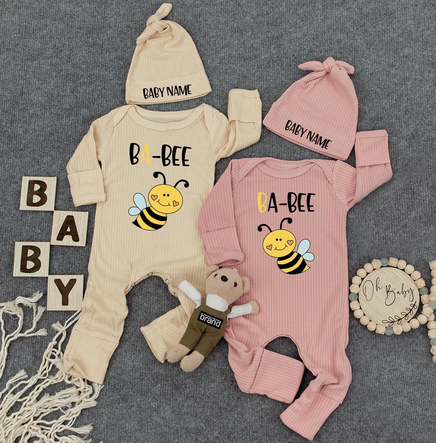 Unisex Twin Outfits, BA-BEE Twin Baby Bodysuit Set with Hats, Newborn Twins Outfits