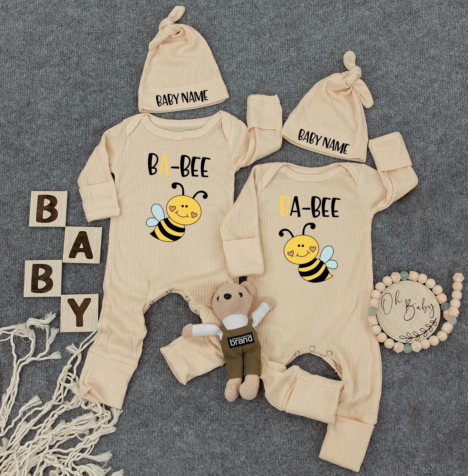 Unisex Twin Outfits, BA-BEE Twin Baby Bodysuit Set with Hats, Newborn Twins Outfits