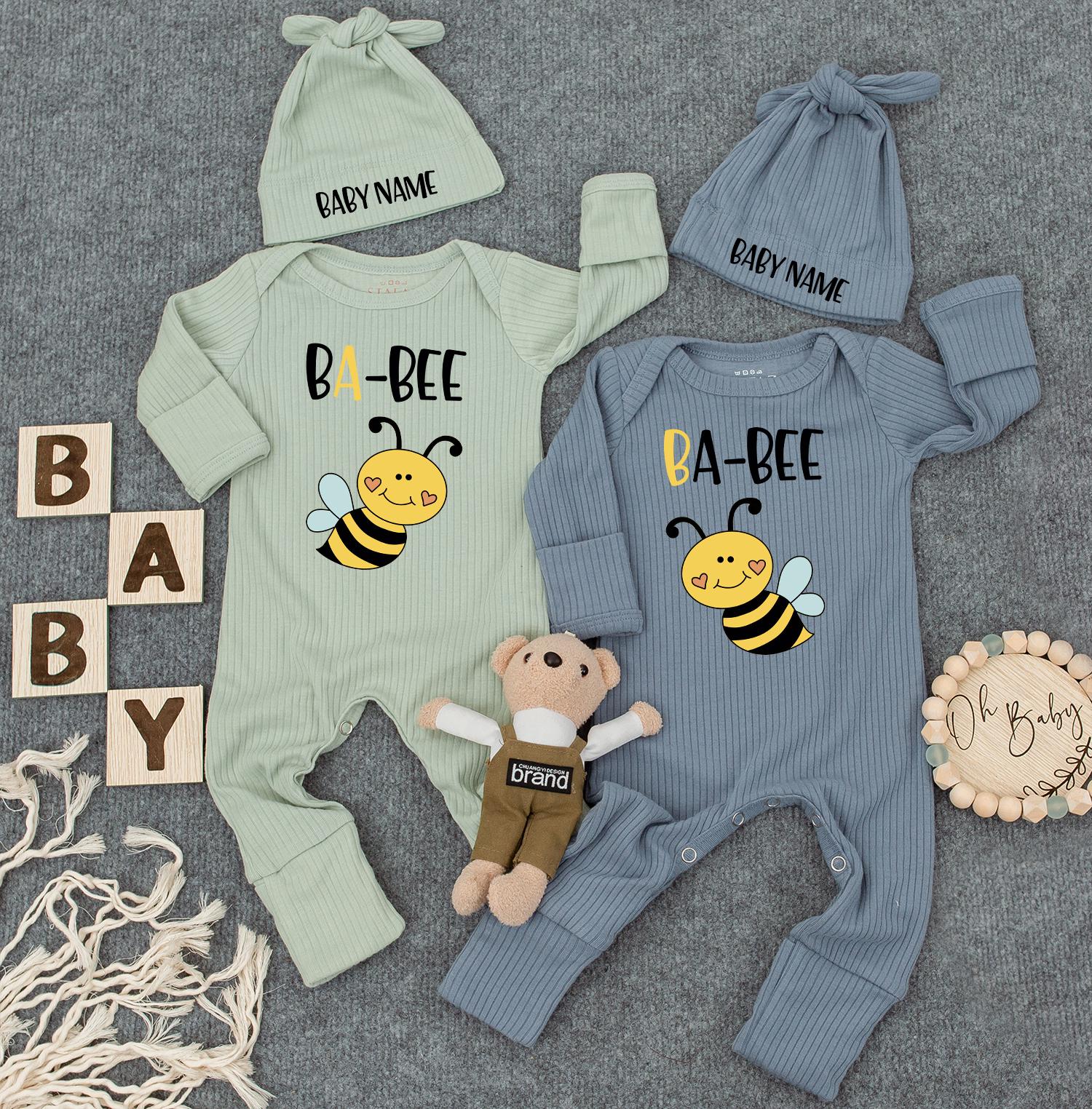 Unisex Twin Outfits, BA-BEE Twin Baby Bodysuit Set with Hats, Newborn Twins Outfits