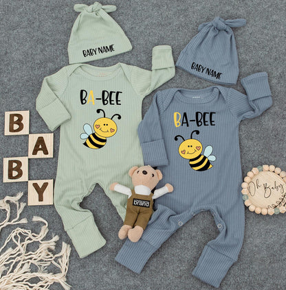 Unisex Twin Outfits, BA-BEE Twin Baby Bodysuit Set with Hats, Newborn Twins Outfits