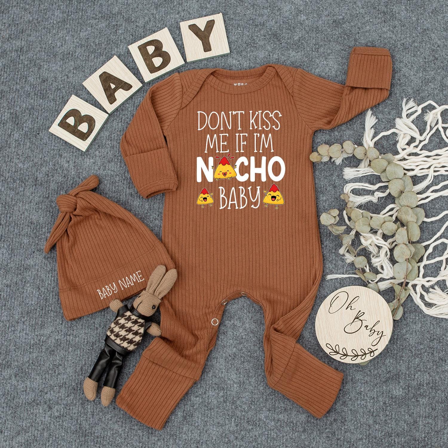 Funny Nacho Baby Romper with Hat Cute Cartoon Nacho Characters & 'Don't Kiss Me If I'm Nacho Baby' Text Adorable Newborn Outfit Unisex Baby Clothes