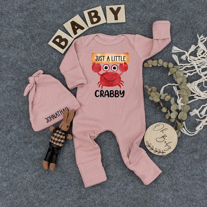 Just a Little Crabby Baby Bodysuit with Hat Funny Crab Newborn Outfit Beach Theme Romper Infant Coming Home Clothes Gift Idea