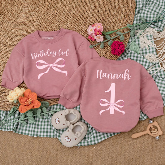 Pink Bow Birthday Girl Romper Personalized First Birthday Bodysuit Baby Girl Clothes Newborn Bubble Romper Girl First Birthday Gift Outfit Custom Name