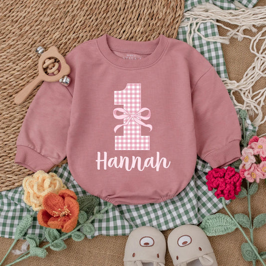 Pink Bow First Birthday Romper Baby Girl Outfit Checkered Bodysuit Girly Party Gift Custom 1st Birthday Clothes