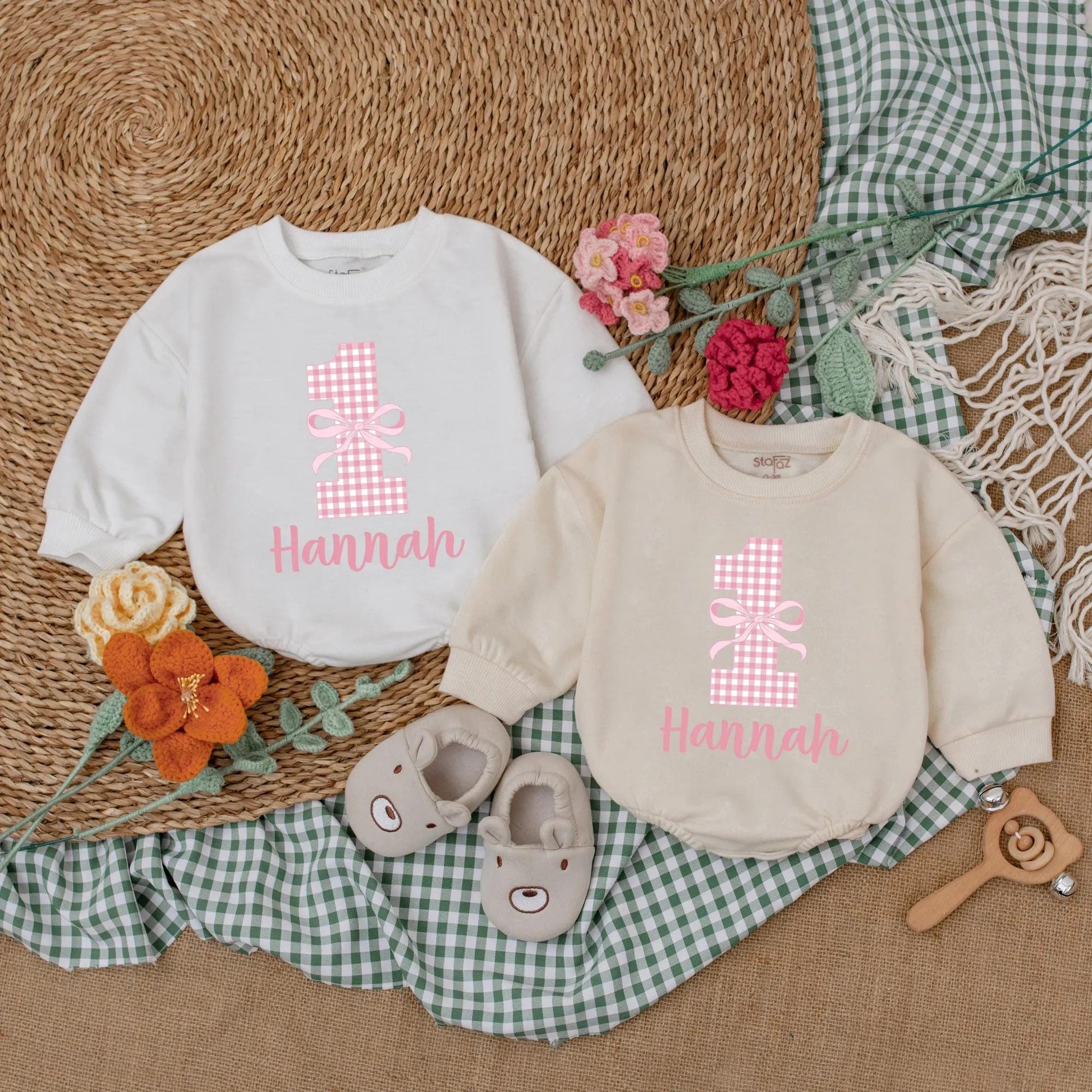 Pink Bow First Birthday Romper Baby Girl Outfit Checkered Bodysuit Girly Party Gift Custom 1st Birthday Clothes