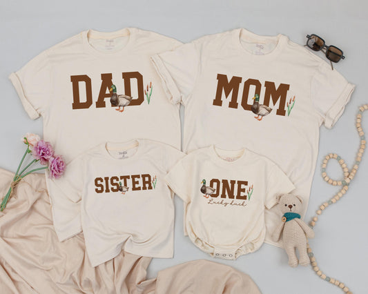 One Lucky Duck 1st Birthday Family Matching Shirts Rustic Mallard Watercolor Design Cute Cottagecore Vibes Birthday Outfit for Kids Adults