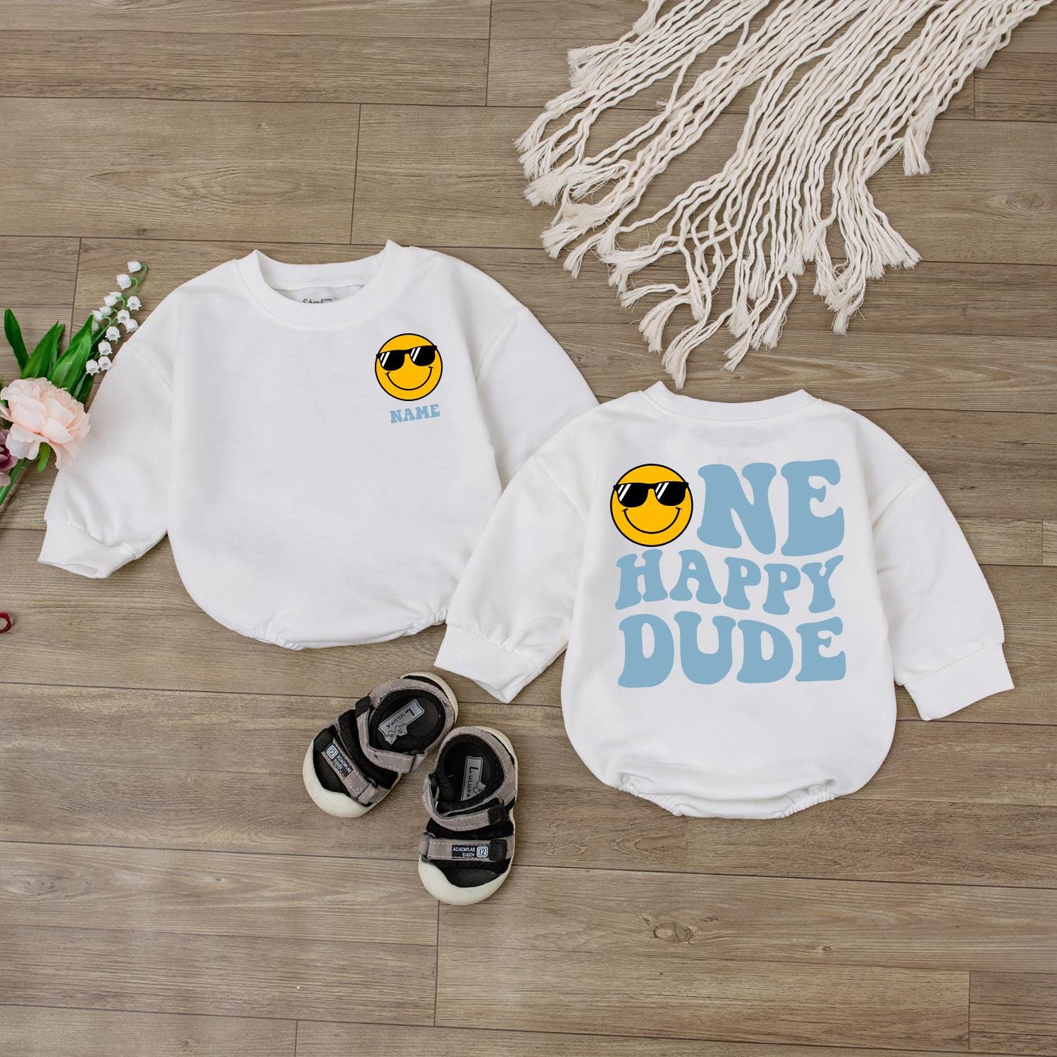 One Happy Dude Birthday Bodysuit Smiley Face First Birthday Outfit Personalized Baby Boy Clothes Custom Name Gift