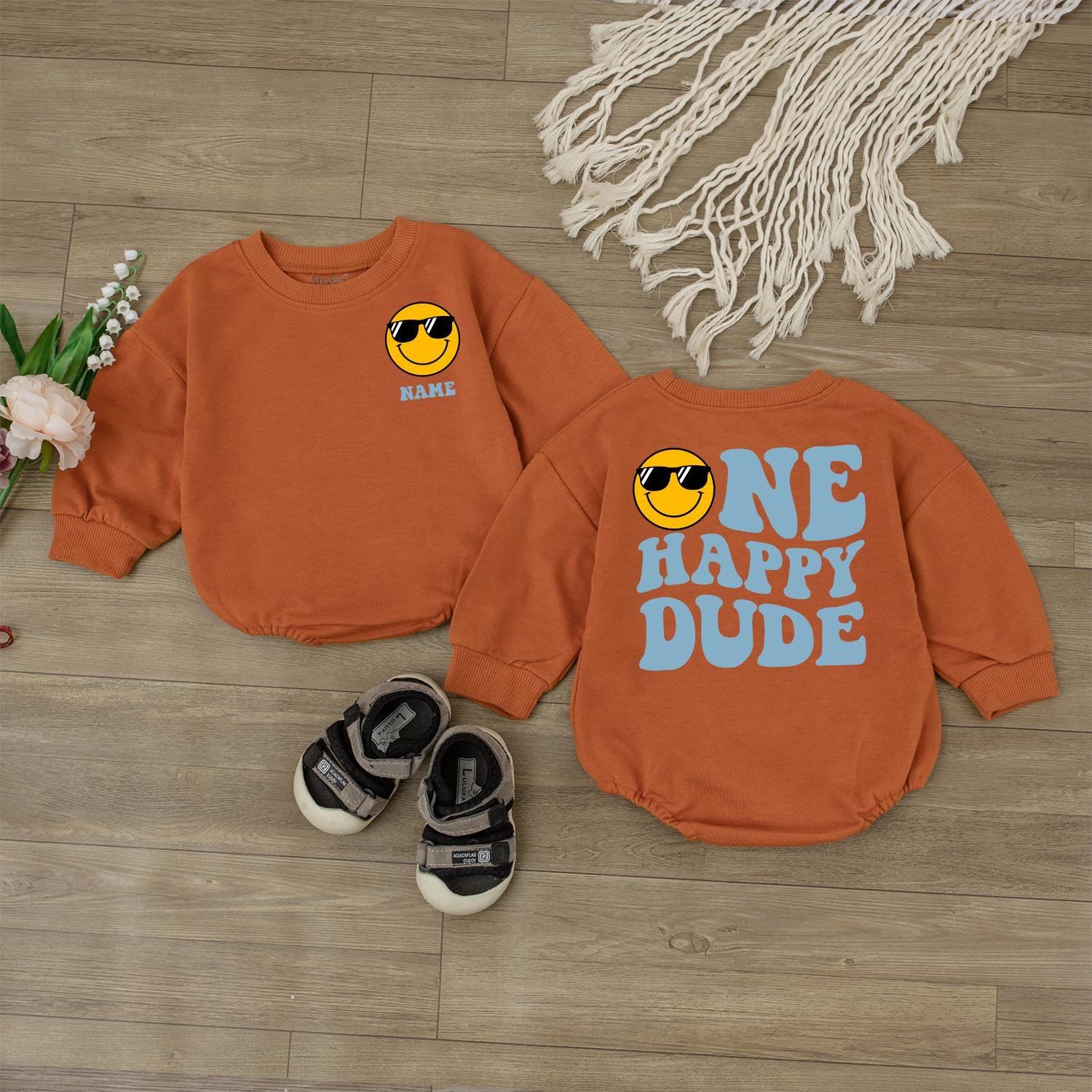 One Happy Dude Birthday Bodysuit Smiley Face First Birthday Outfit Personalized Baby Boy Clothes Custom Name Gift