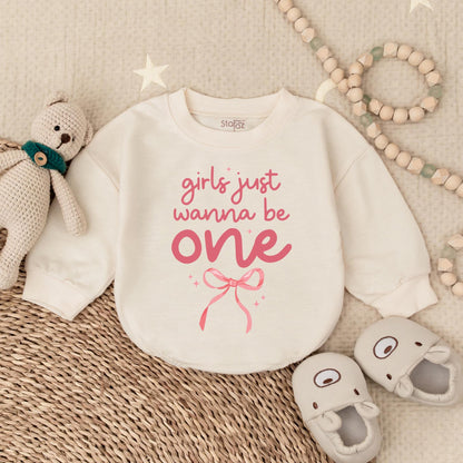 Girls Just Wanna Be One" Pink Bow First Birthday Bubble Romper Outfit Baby Girl Onederful Party Celebration Soft Cotton Cake Smash Gift