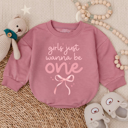 Girls Just Wanna Be One" Pink Bow First Birthday Bubble Romper Outfit Baby Girl Onederful Party Celebration Soft Cotton Cake Smash Gift