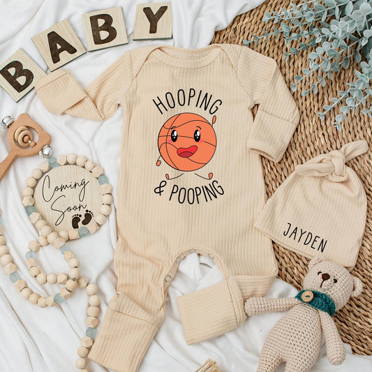 Hooping & Pooping Basketball Baby Bodysuit Cute Cartoon Outfit Baby Shower Gift Going Home Newborn Clothing