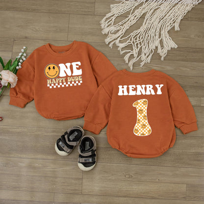 One Happy Dude Birthday Bodysuit for Boys First Birthday Smiley Face Outfit Custom Name Toddler Baby Clothes