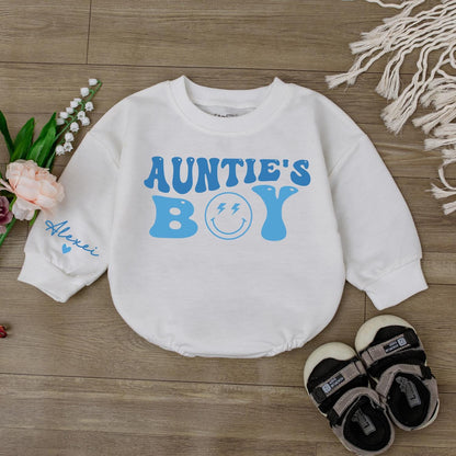 Auntie’s Boy Baby Bodysuit Cute Little Bestie Outfit Gift for Aunties Groovy Smiley Face Newborn Romper Baby Clothes