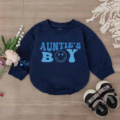 Auntie’s Boy Baby Bodysuit Cute Little Bestie Outfit Gift for Aunties Groovy Smiley Face Newborn Romper Baby Clothes