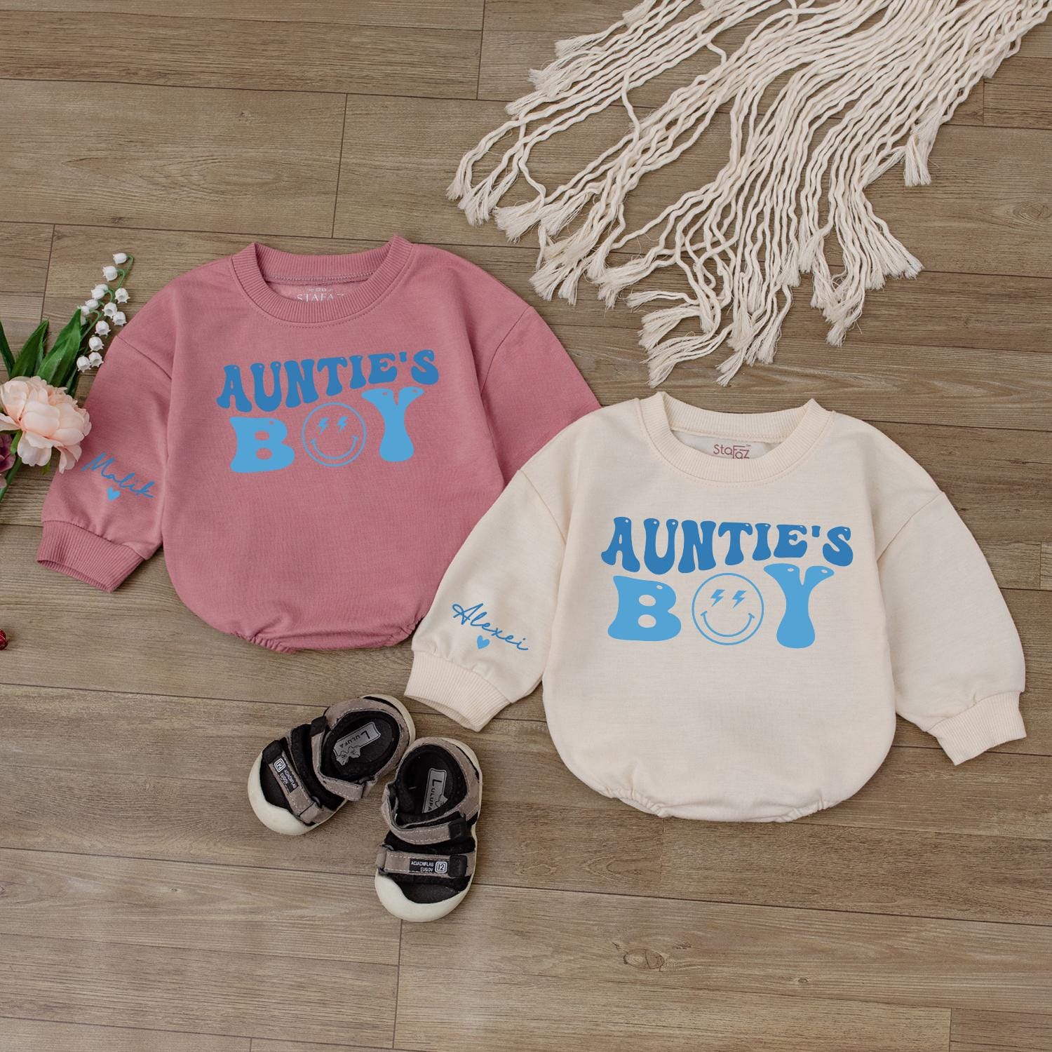 Auntie’s Boy Baby Bodysuit Cute Little Bestie Outfit Gift for Aunties Groovy Smiley Face Newborn Romper Baby Clothes