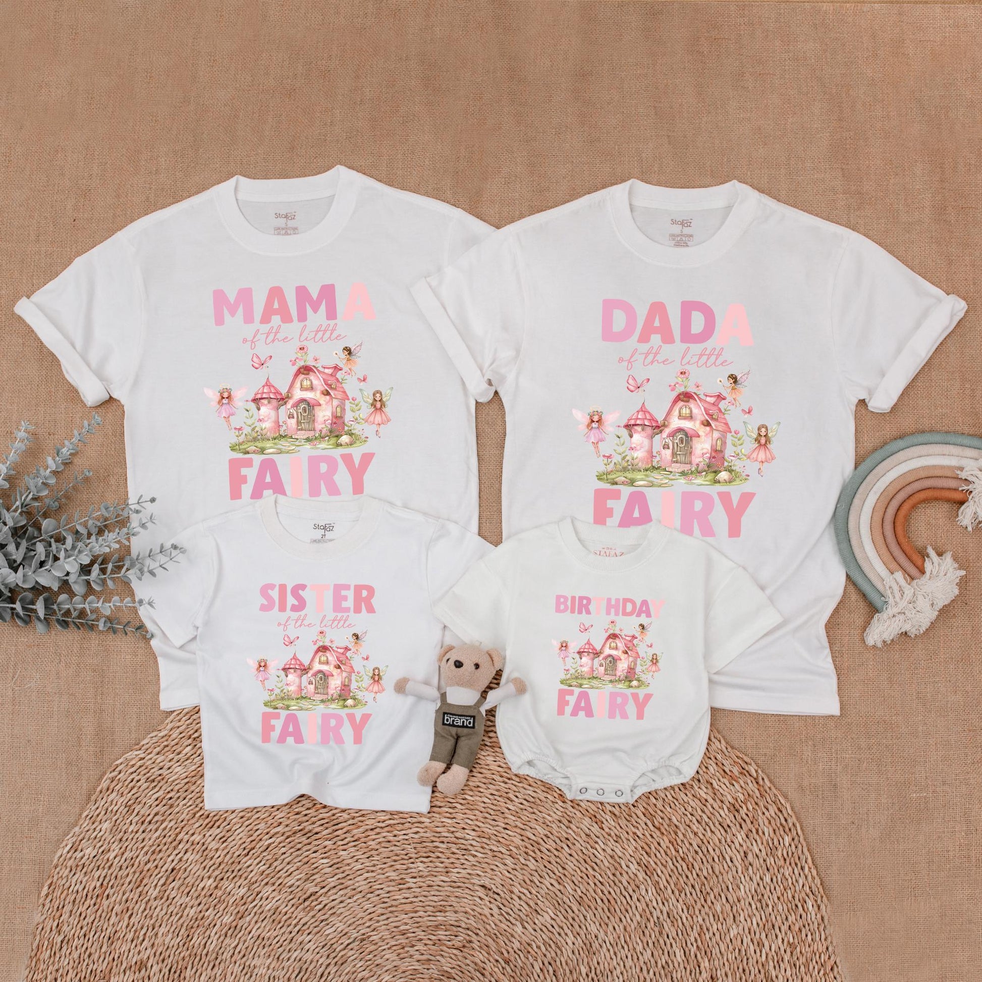 Whimsical Fairy Birthday Family Matching Shirts for First Birthday Girl, Pink Fairy House & Delicate Butterflies, Soft Green Foliage, Pink Green Brown