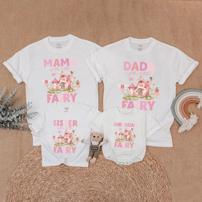 Whimsical Fairy Birthday Family Matching Shirts for First Birthday Girl, Pink Fairy House & Delicate Butterflies, Soft Green Foliage, Pink Green Brown