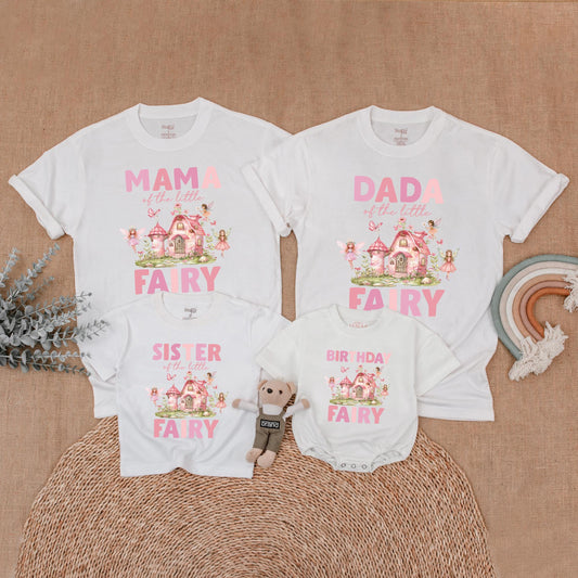Whimsical Fairy Birthday Family Matching Shirts for First Birthday Girl, Pink Fairy House & Delicate Butterflies, Soft Green Foliage, Pink Green Brown