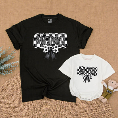 Retro Soccer Mama and Mini Matching Shirts Gray Leopard Bow Checkered Soccer Mama Mommy and Me Game Day Outfits