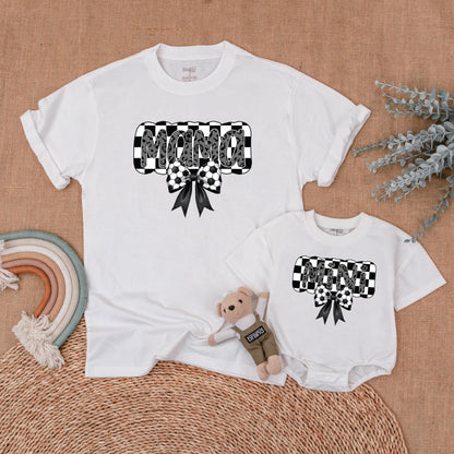 Retro Soccer Mama and Mini Matching Shirts Gray Leopard Bow Checkered Soccer Mama Mommy and Me Game Day Outfits