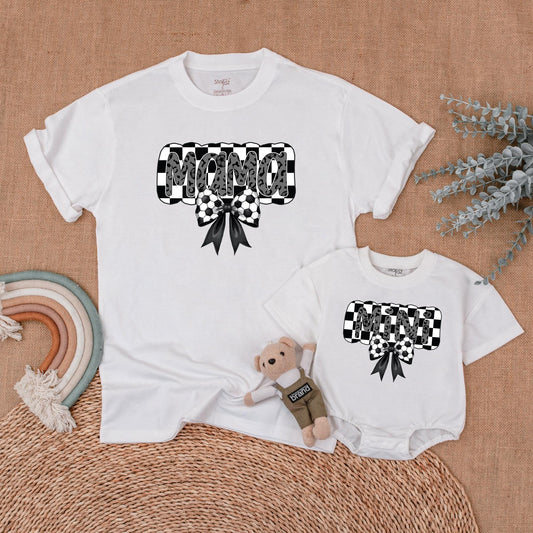 Retro Soccer Mama and Mini Matching Shirts Gray Leopard Bow Checkered Soccer Mama Mommy and Me Game Day Outfits