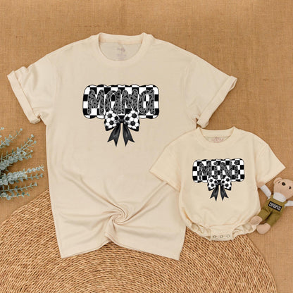 Retro Soccer Mama and Mini Matching Shirts Gray Leopard Bow Checkered Soccer Mama Mommy and Me Game Day Outfits