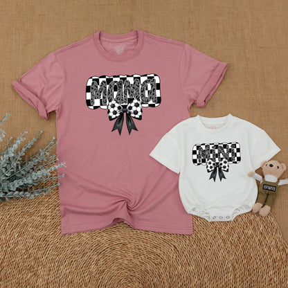 Retro Soccer Mama and Mini Matching Shirts Gray Leopard Bow Checkered Soccer Mama Mommy and Me Game Day Outfits