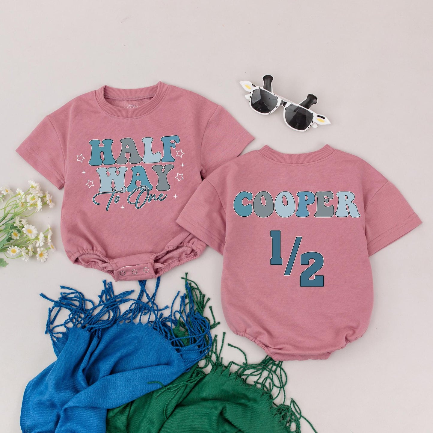 Personalized Half Way To One Romper Blue Gray Star Design 6 Months Baby Boy Outfit Shower Gift