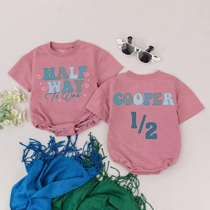 Personalized Half Way To One Romper Blue Gray Star Design 6 Months Baby Boy Outfit Shower Gift