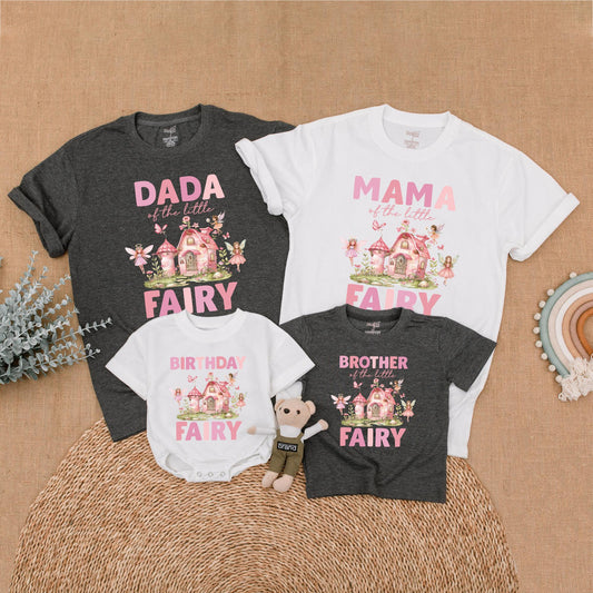 Whimsical Fairy Birthday Family Matching Shirts for First Birthday Girl, Pink Fairy House & Delicate Butterflies, Soft Green Foliage, Pink Green Brown