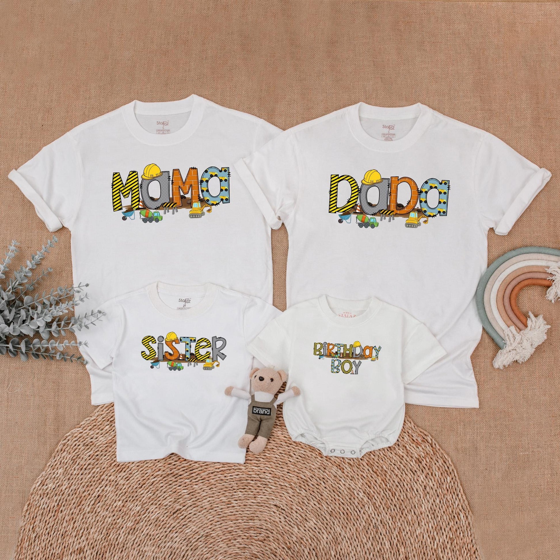 Custom Construction Birthday Family Shirts, Mommy and Me Outfit for First Birthday Boy Party Celebration with Truck Design, Soft Cotton Apparel