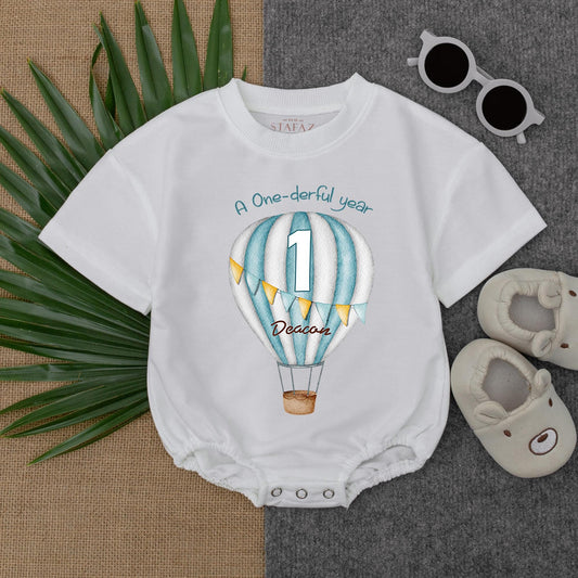 Hot Air Balloon Bubble Romper Neutral First Birthday Outfit Boy Onederful Year Celebration Clothes