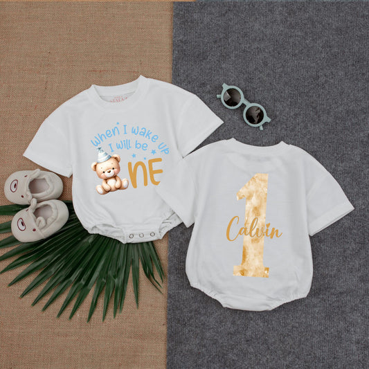 Bear-y First Birthday Bubble Romper for Baby Boy, Neutral Balloon Outfit, Onederful Gift, Custom Name, 1st Birthday Clothes