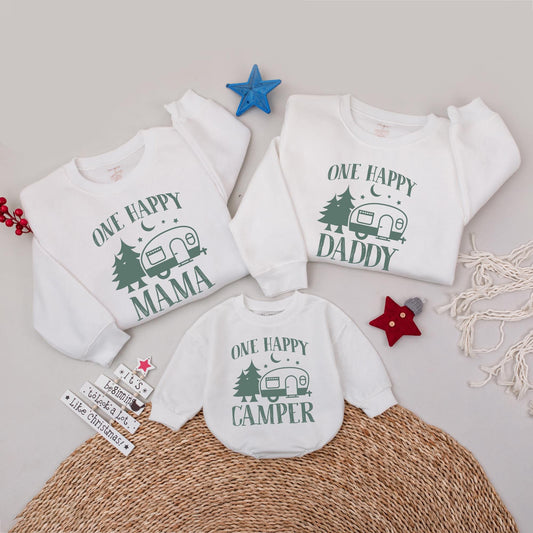 One Happy Camper Family Matching Sweatshirts, Camping 1st Birthday Outfit, Green Pine Tree Moon Starry Design, Mama Daddy Baby Shirts, Sweet Camp Vibes