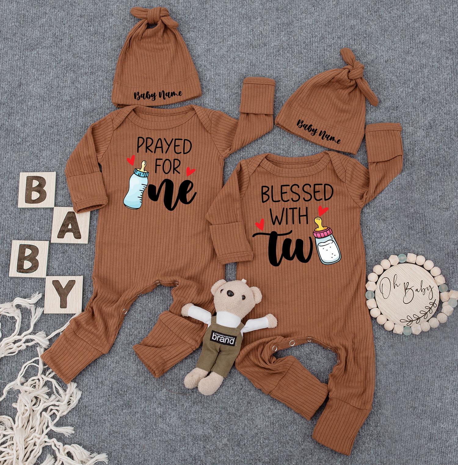 Prayed For One Blessed With Two Twin Baby Bodysuit Custom Name Romper Gender Neutral Newborn Gift Cute Cuties Jumpsuit