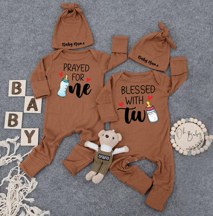 Prayed For One Blessed With Two Twin Baby Bodysuit Custom Name Romper Gender Neutral Newborn Gift Cute Cuties Jumpsuit