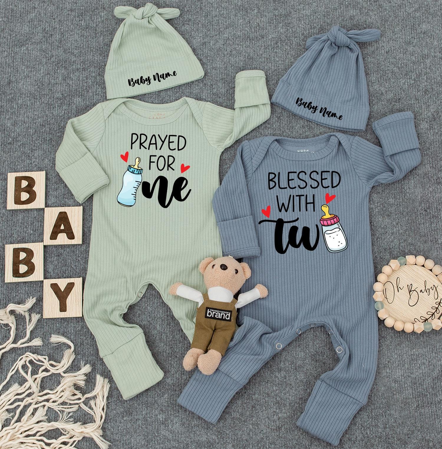 Prayed For One Blessed With Two Twin Baby Bodysuit Custom Name Romper Gender Neutral Newborn Gift Cute Cuties Jumpsuit