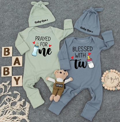 Prayed For One Blessed With Two Twin Baby Bodysuit Custom Name Romper Gender Neutral Newborn Gift Cute Cuties Jumpsuit
