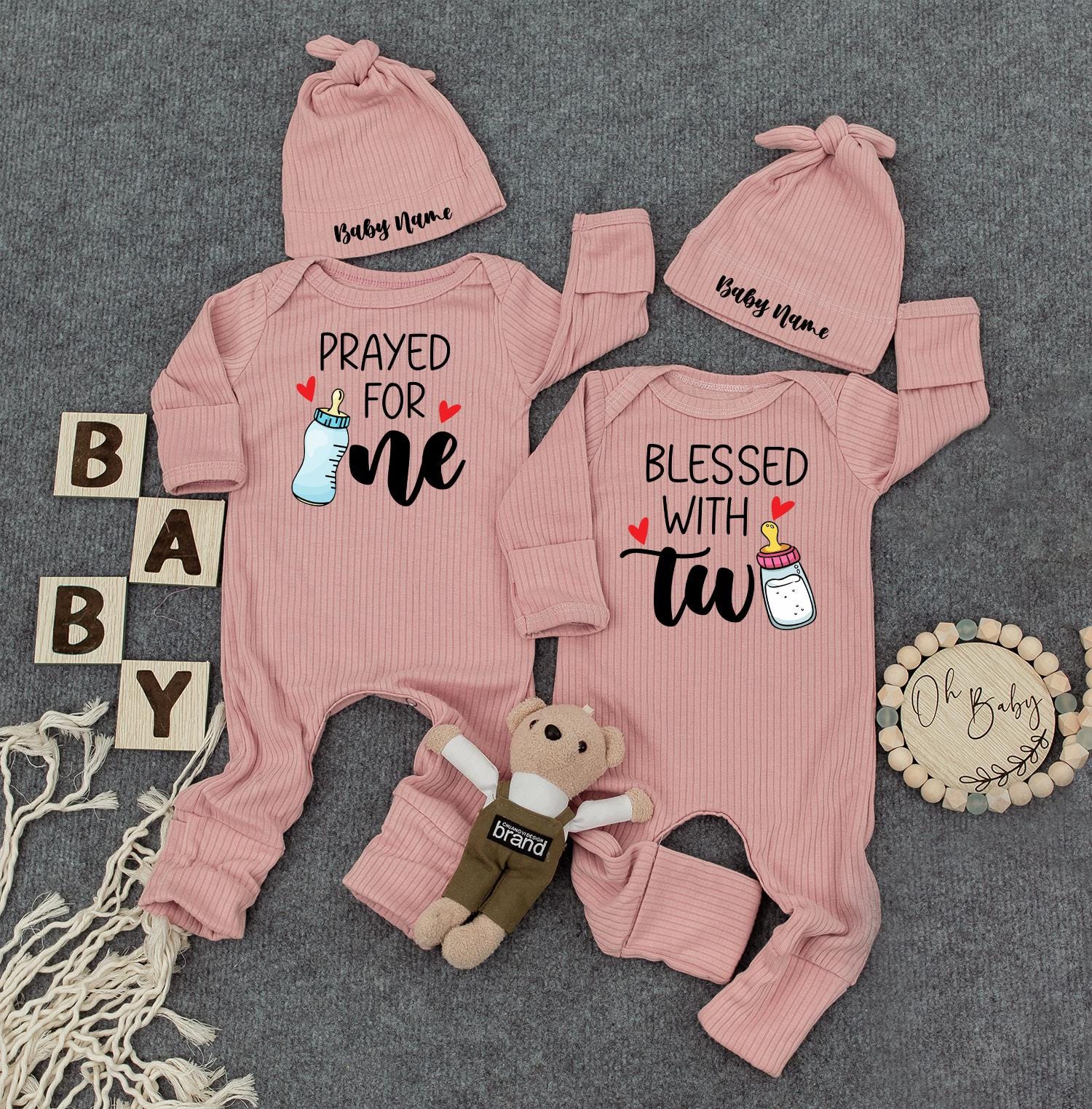 Prayed For One Blessed With Two Twin Baby Bodysuit Custom Name Romper Gender Neutral Newborn Gift Cute Cuties Jumpsuit