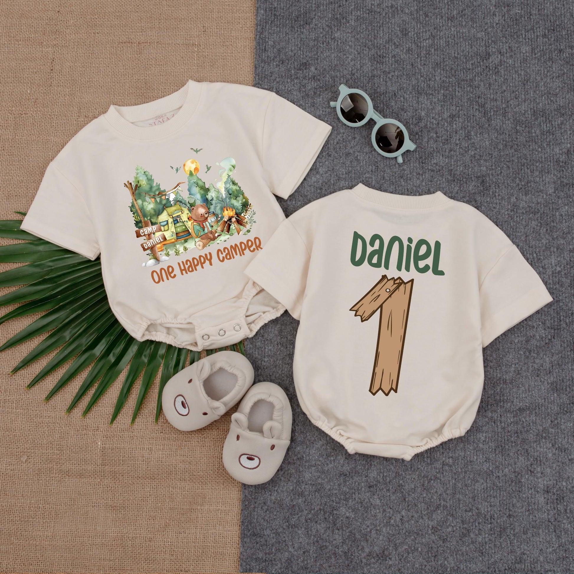 Custom One Happy Camper Baby Romper, Personalized Name Camping First Birthday Outfit, Girl Bubble Romper, Fun Party Gift