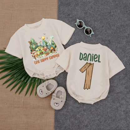 Custom One Happy Camper Baby Romper, Personalized Name Camping First Birthday Outfit, Girl Bubble Romper, Fun Party Gift