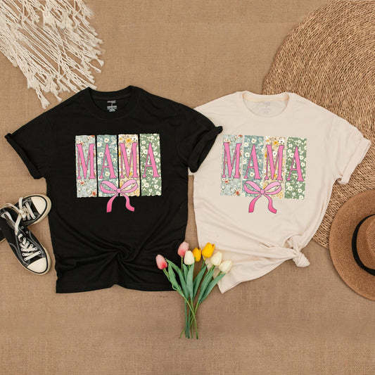 Floral Mama Varsity Bow T-Shirt Retro Vintage Style Gift for Mom Comfortable Cotton Mothers Day Outfit