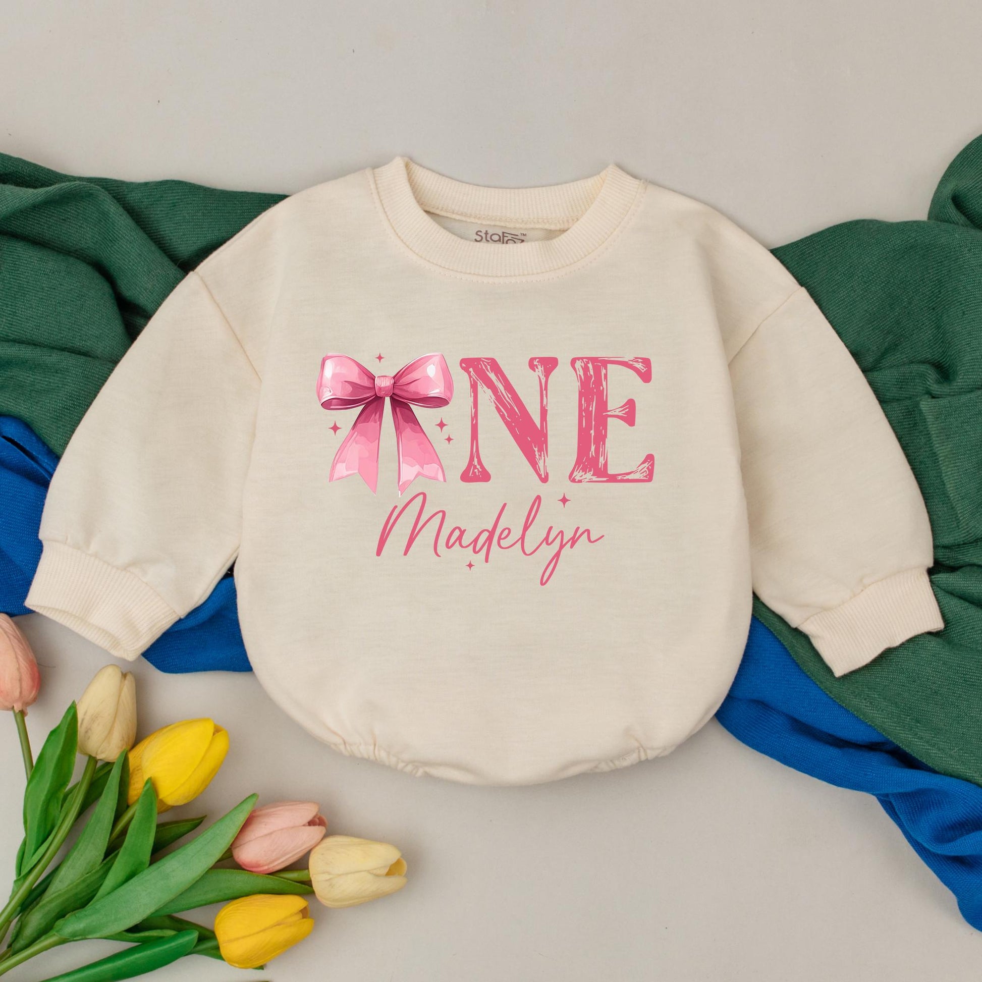 Madelyn's First Birthday Romper, Pink Bow ONE Outfit, Baby Girl 1st Birthday Bodysuit, Custom Name Infant Outfit, Whimsical Celebration Clothes